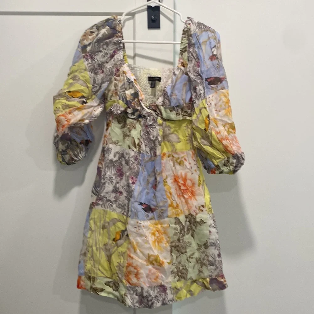 Banana Republic Ramie Twist Dress in Patchwork Blue small petite s p long sleeve - Picture 2 of 11